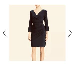 Ralph Lauren Black Ruched Sheath Dress V-Neck Bell Sleeves